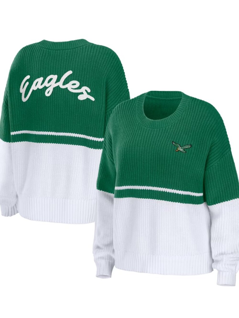 WEAR by Erin Andrews Eagles Chunky Script Sweater Kelly Green White M